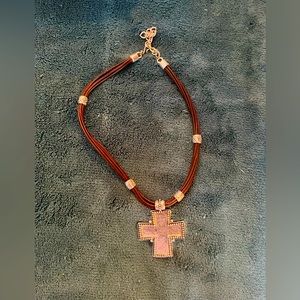 Leather string  silver cross necklace